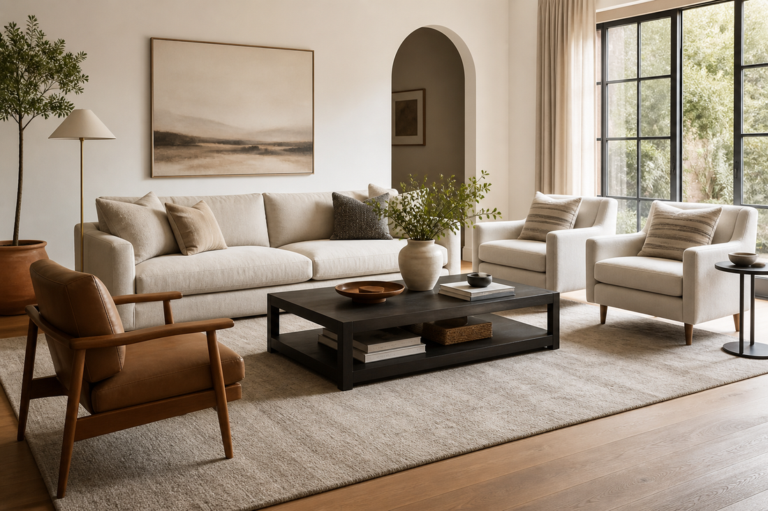 Correctly sized living room rug anchoring a sofa, coffee table, and accent chairs