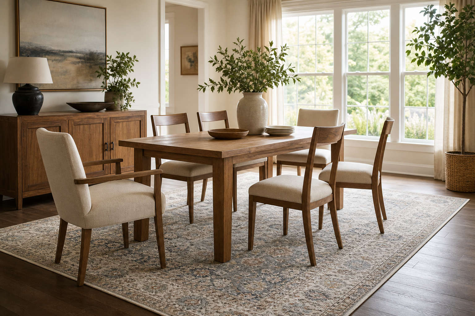 Properly sized washable rug under a dining table and chairs