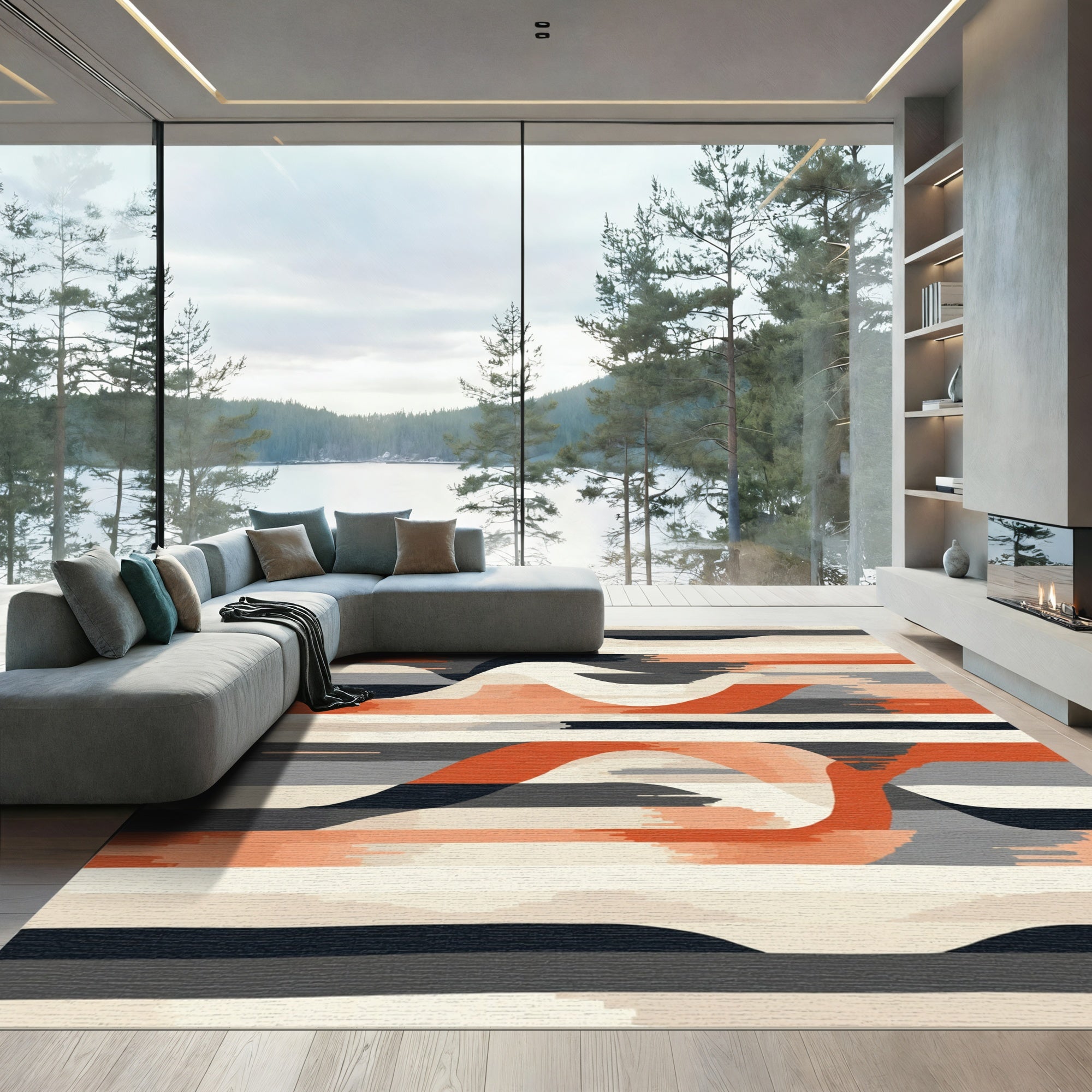 Coral Gray Abstract Wavy Stripes Rug