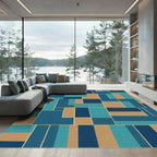 Blue Tan Geometric Block Overlay Rug