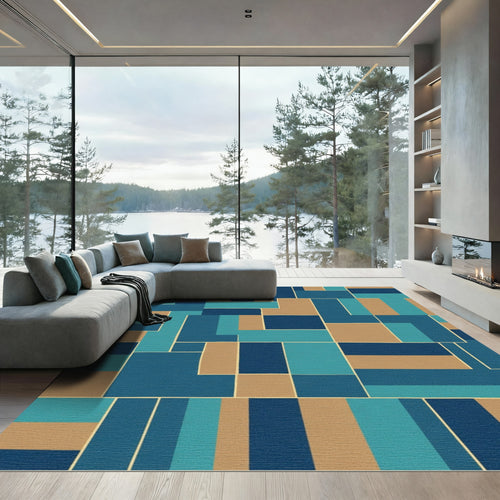 Blue Tan Geometric Block Overlay Rug
