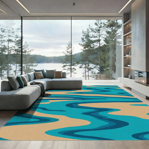 Aqua Beige Swirl Abstract Rug
