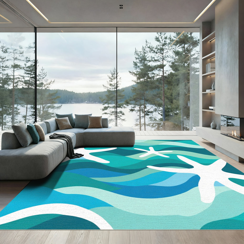 White Starfish Ocean Waves Rug