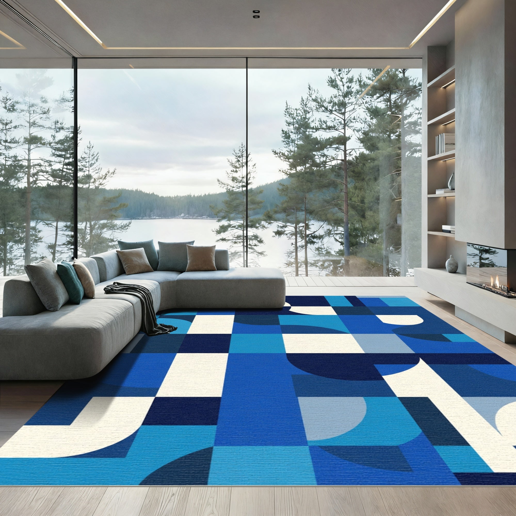 Geometric Blue Tone Block Rug