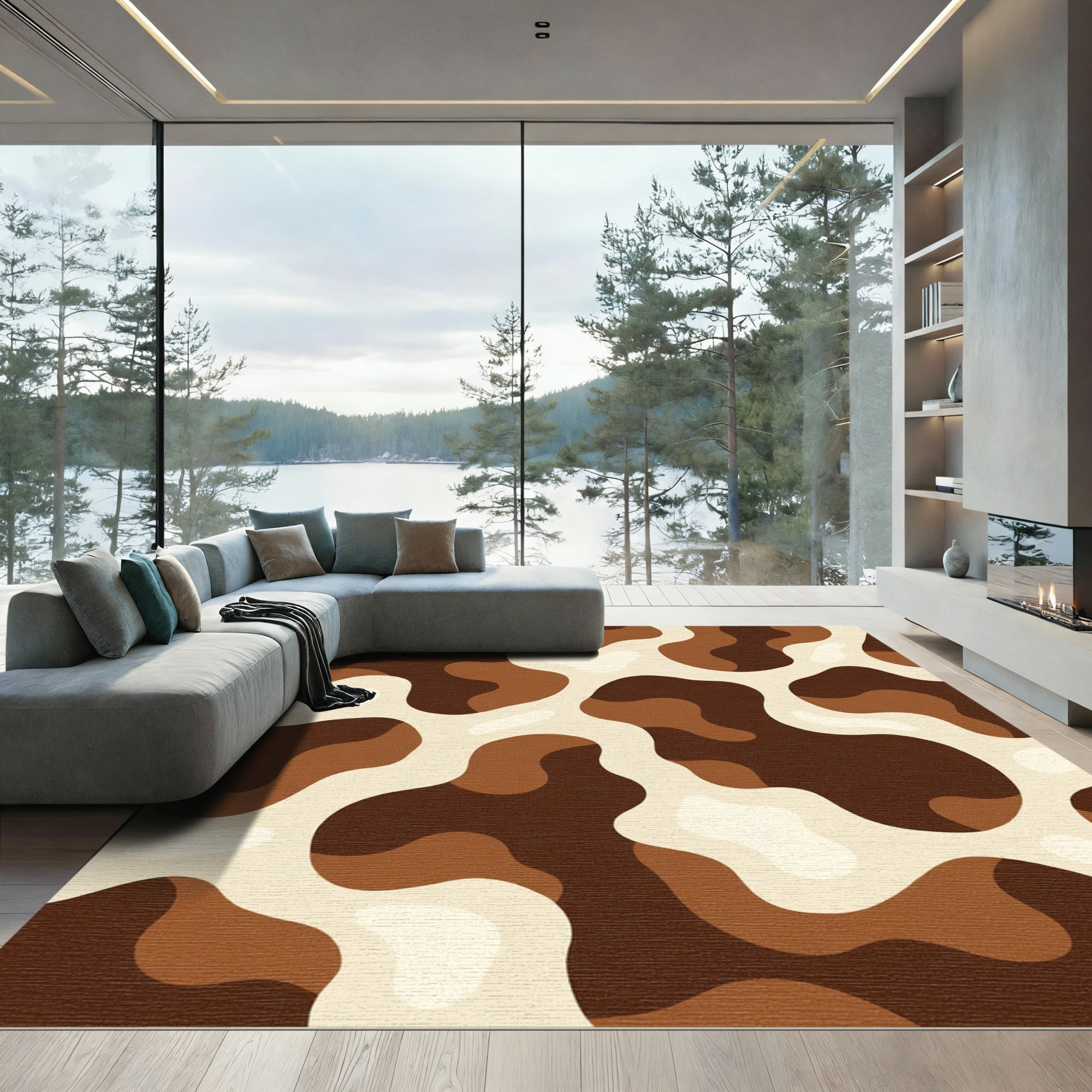 Abstract Cream Brown Blobs Rug