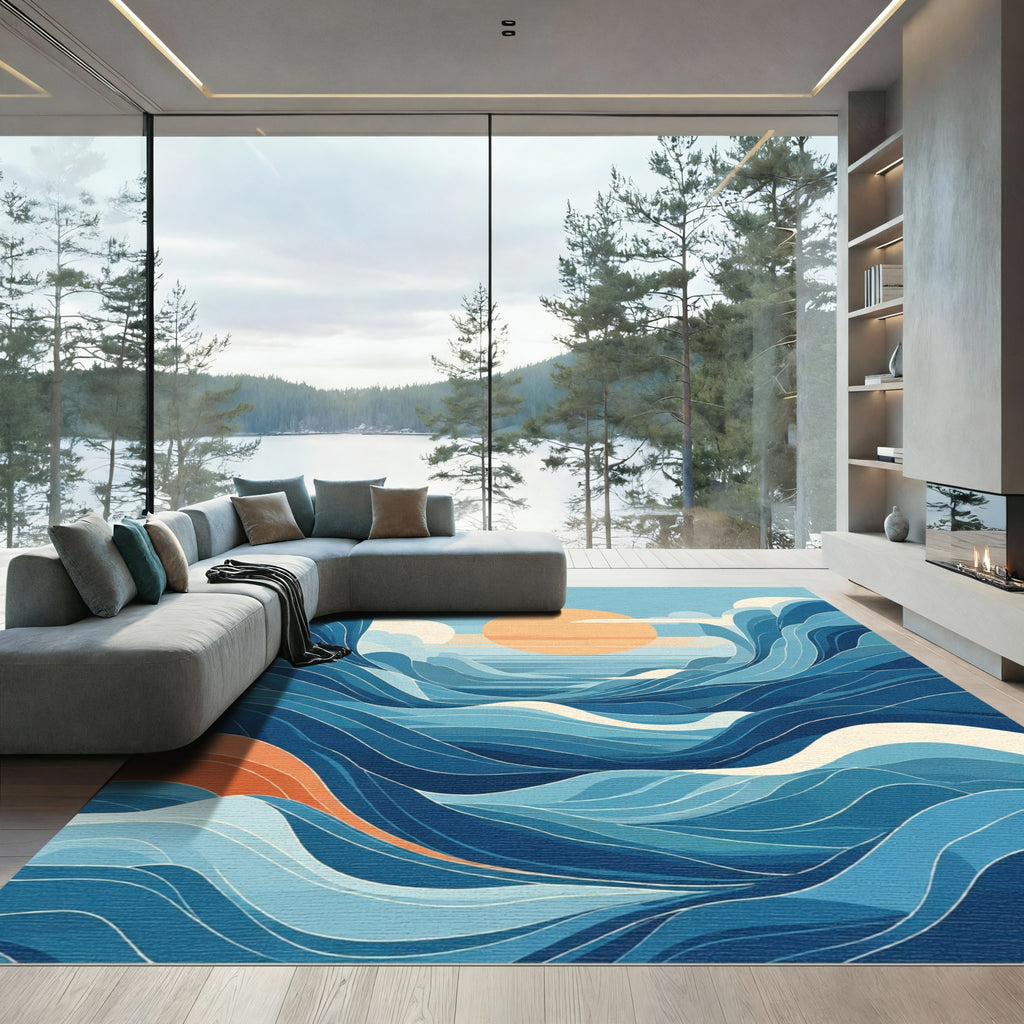 Deep Blue Ocean Sunset Wave Rug