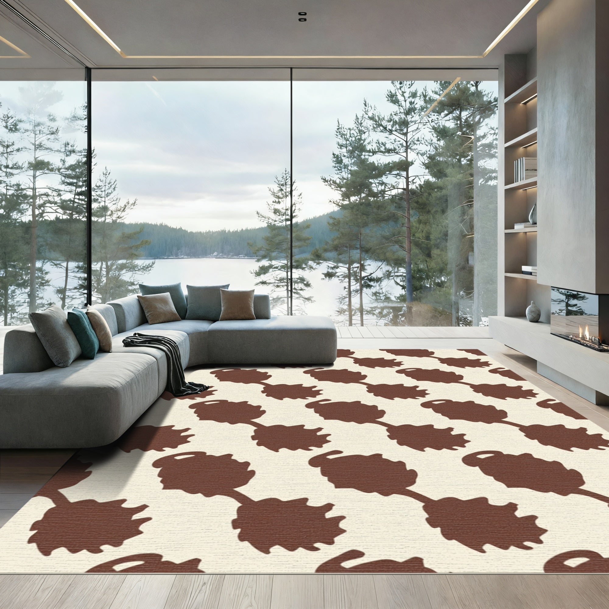 Brown Leaf Vine Diagonal Pattern Rug