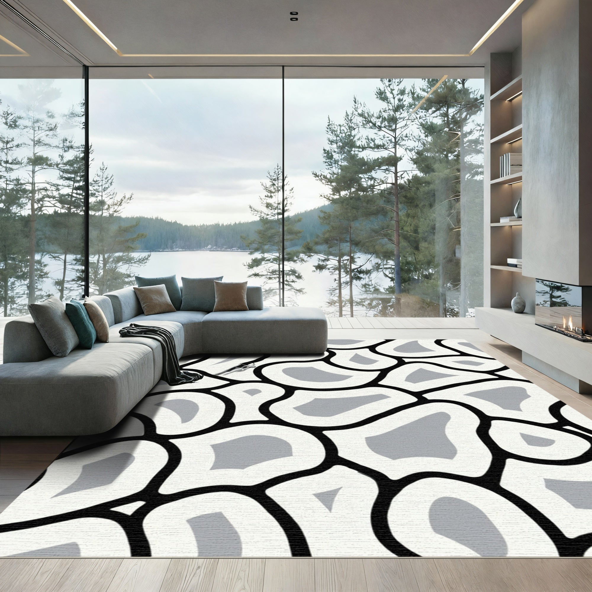 Abstract Organic Black White Grey Rug
