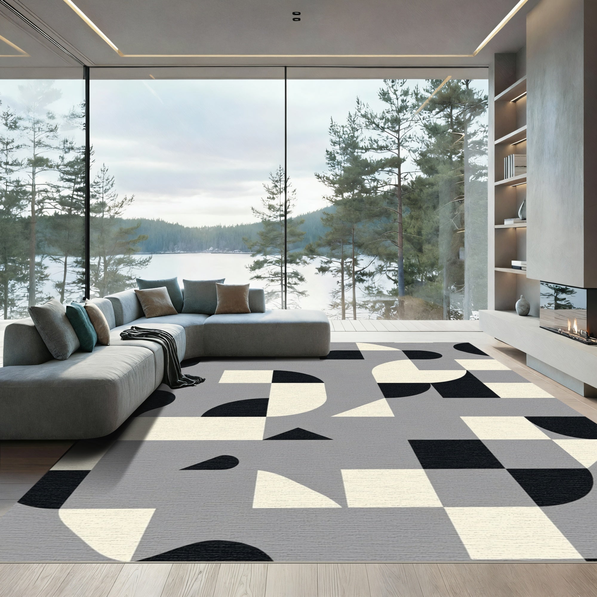 Modern Gray Geometric Abstract Composition Rug