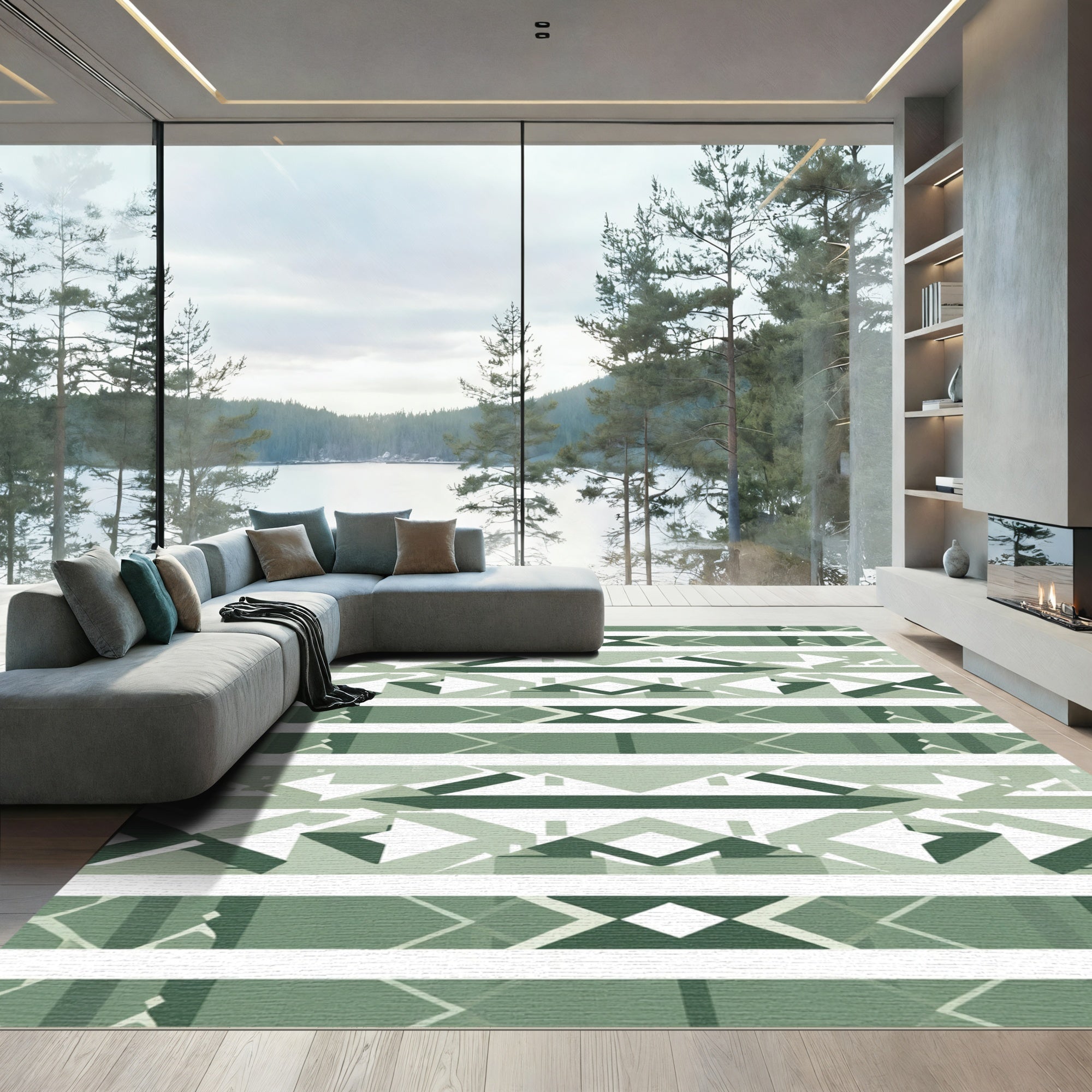 Emerald Gradient Geometric Stripes Rug