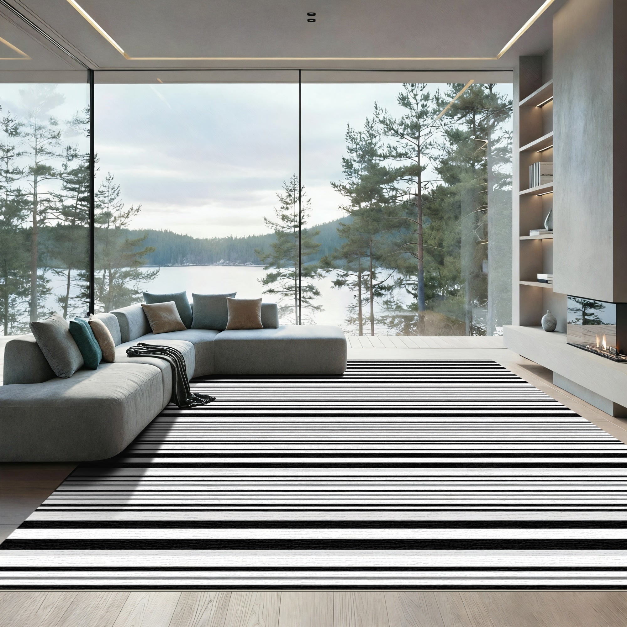 Black White Gray Linear Stripe Rug