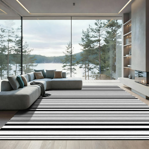 Black White Gray Linear Stripe Rug