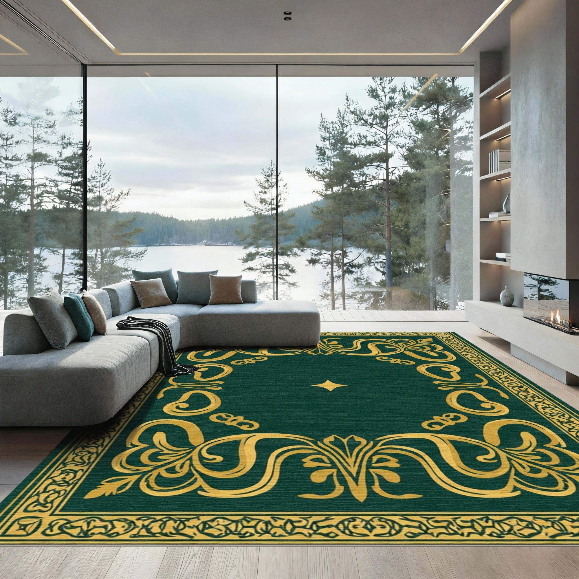 Ornate Gold Dark Green Scrollwork Rug