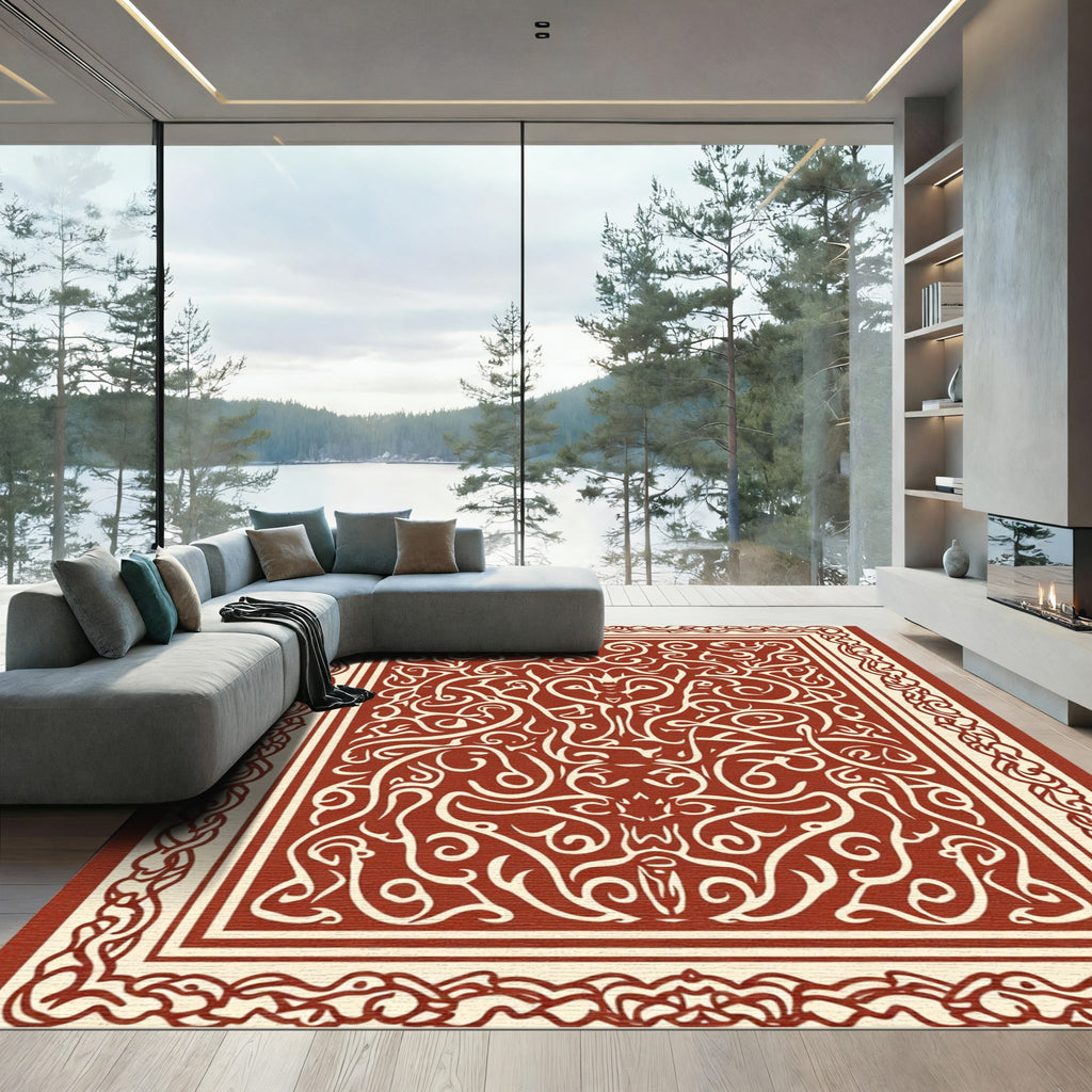 Cream and Crimson Intricate Scrollwork Rug