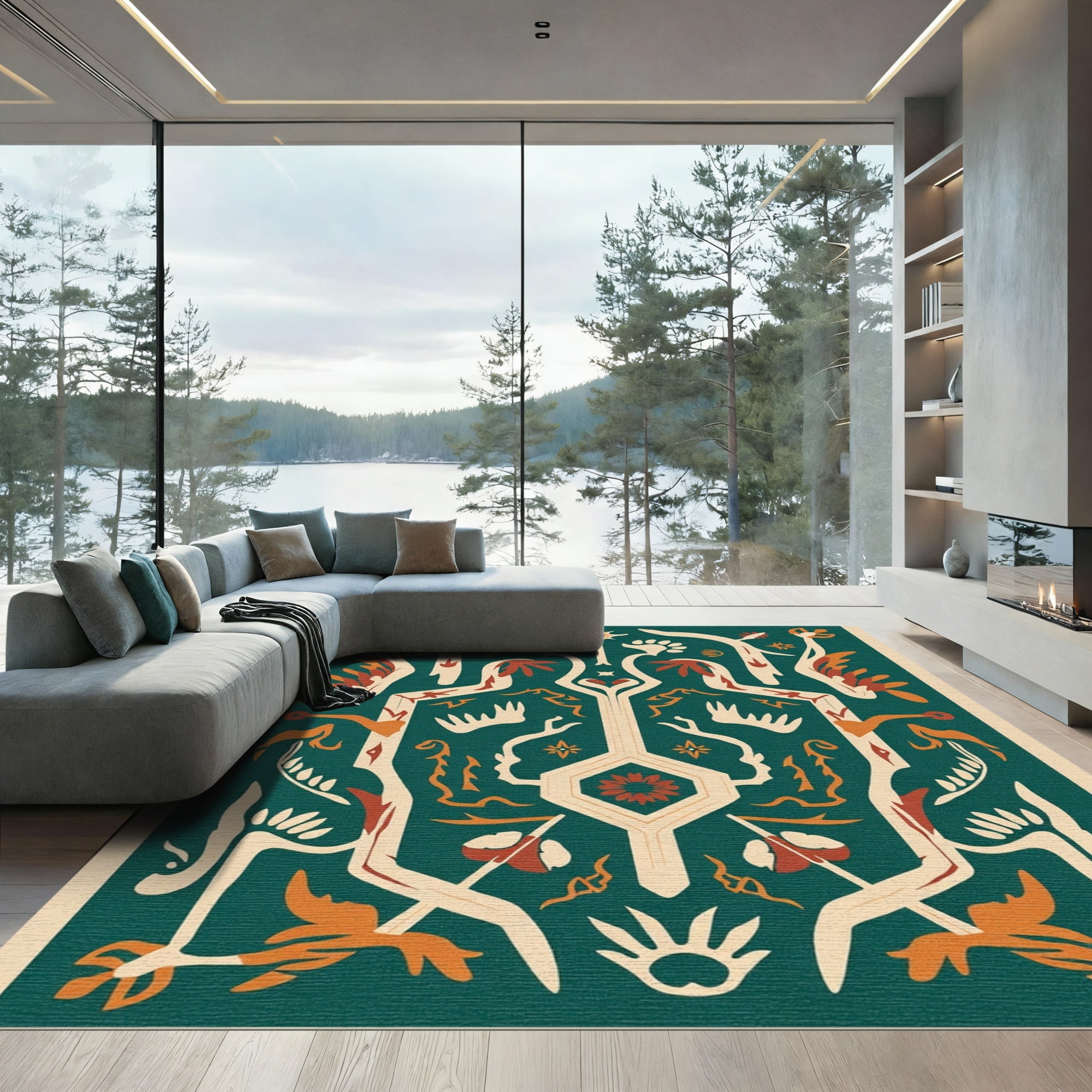 Teal Orange Abstract Tribal Floral Rug
