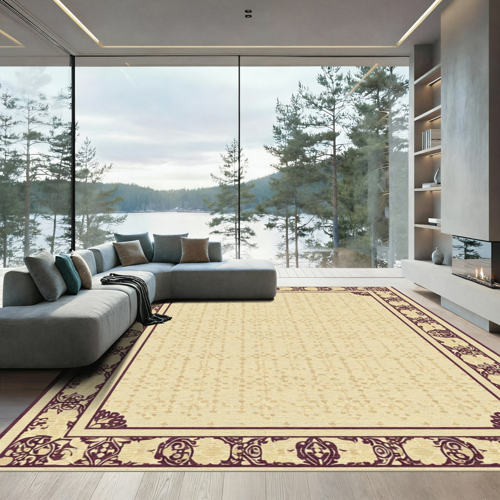 Rich Plum Floral Bordered Cream Rug