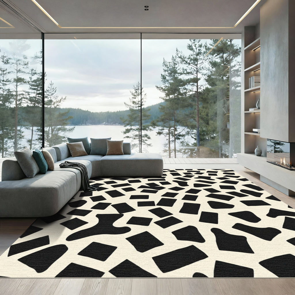 Abstract Black Ivory Scattered Shapes Rug