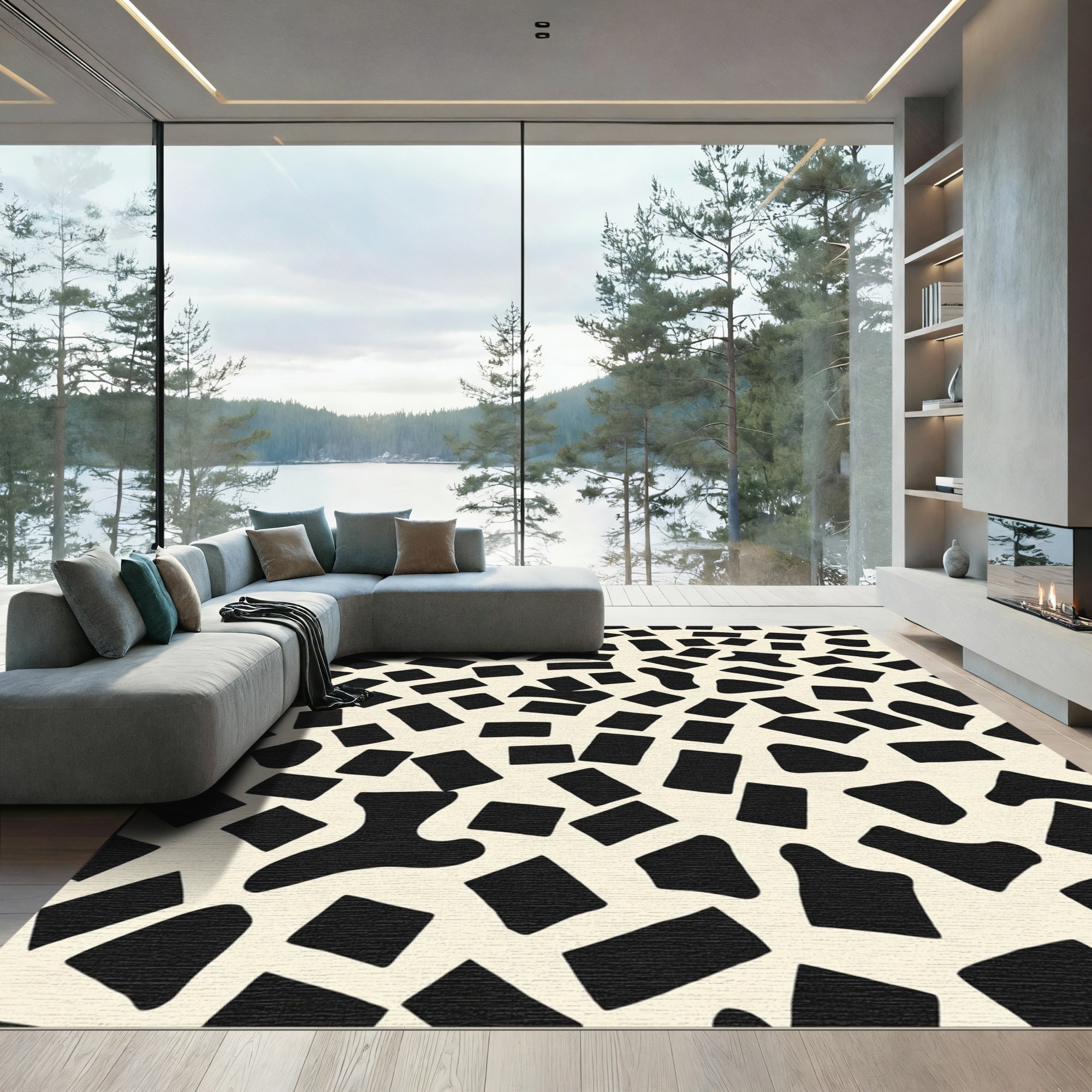 Abstract Black Ivory Scattered Shapes Rug