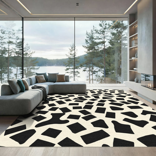 Abstract Black Ivory Scattered Shapes Rug