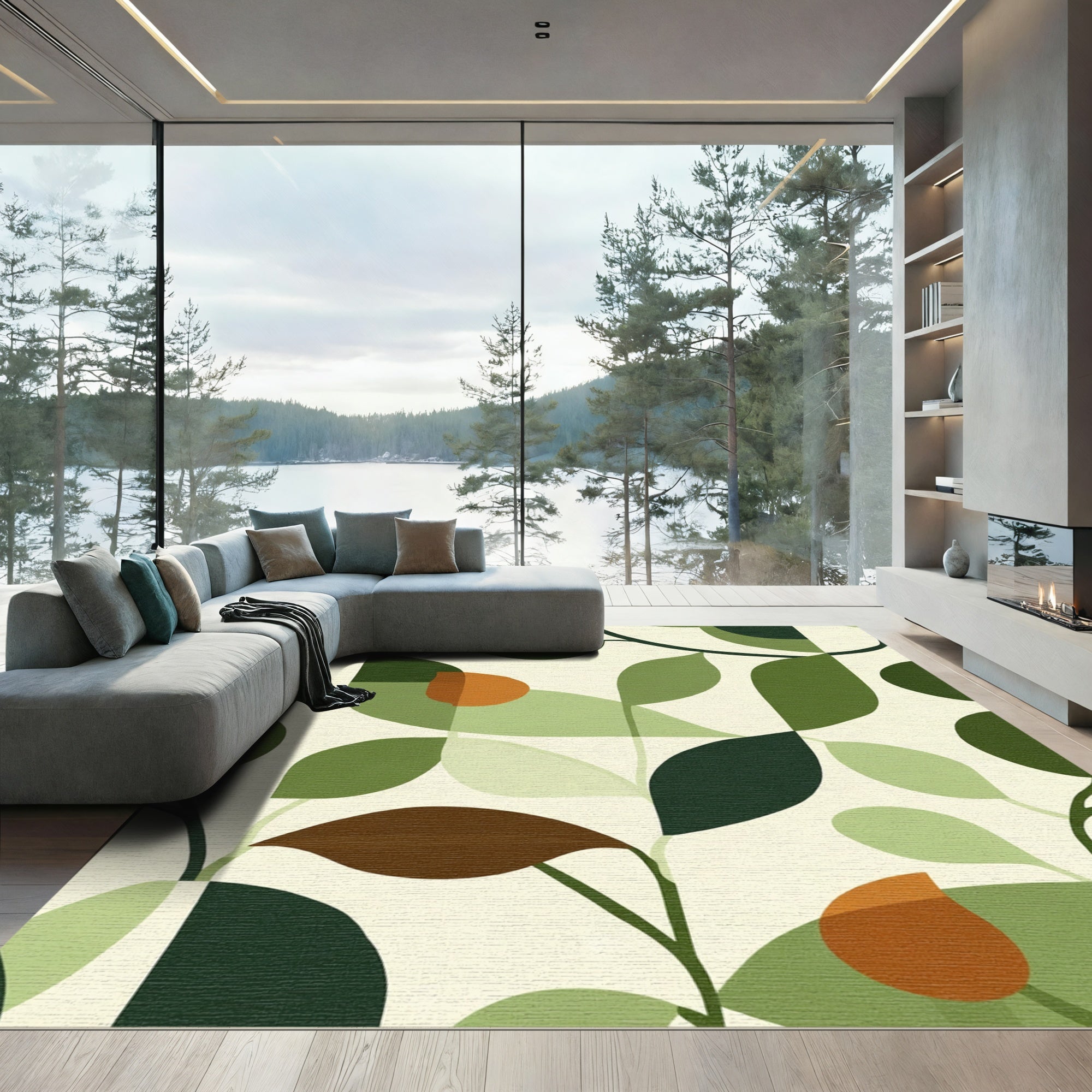 Modern Green Leafy Midcentury Modern Rug