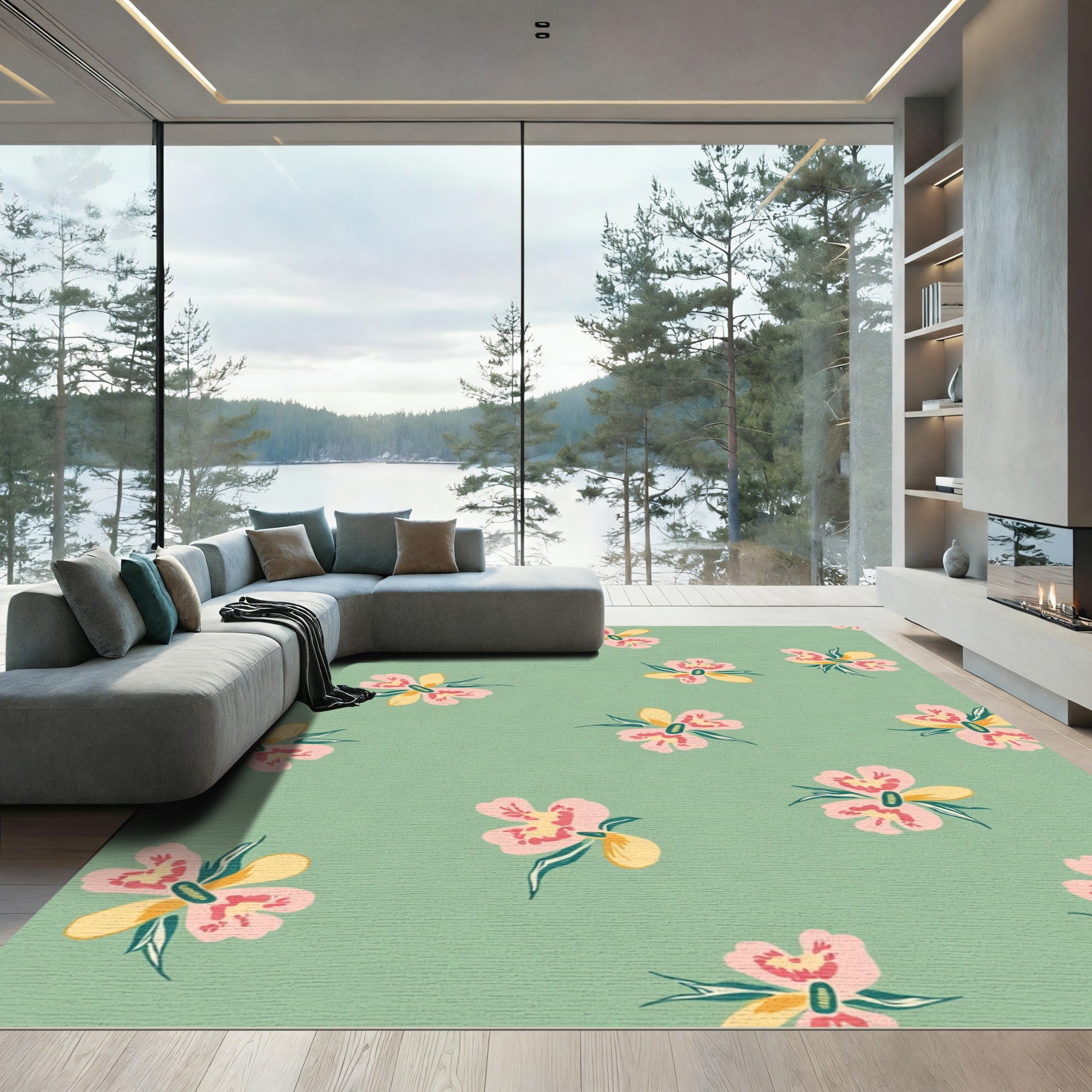 Pink Yellow Blossom Garden Print Rug