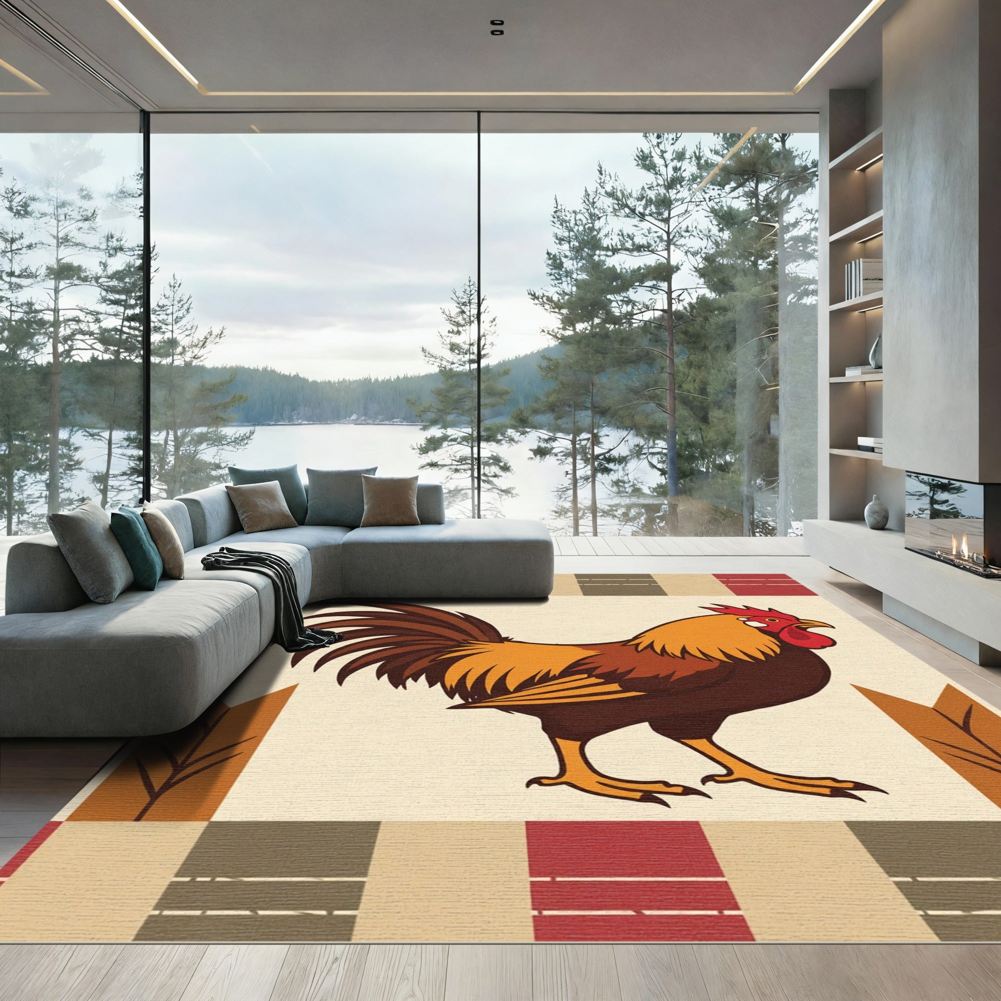 Rustic Rooster Geometric Stripe Rug