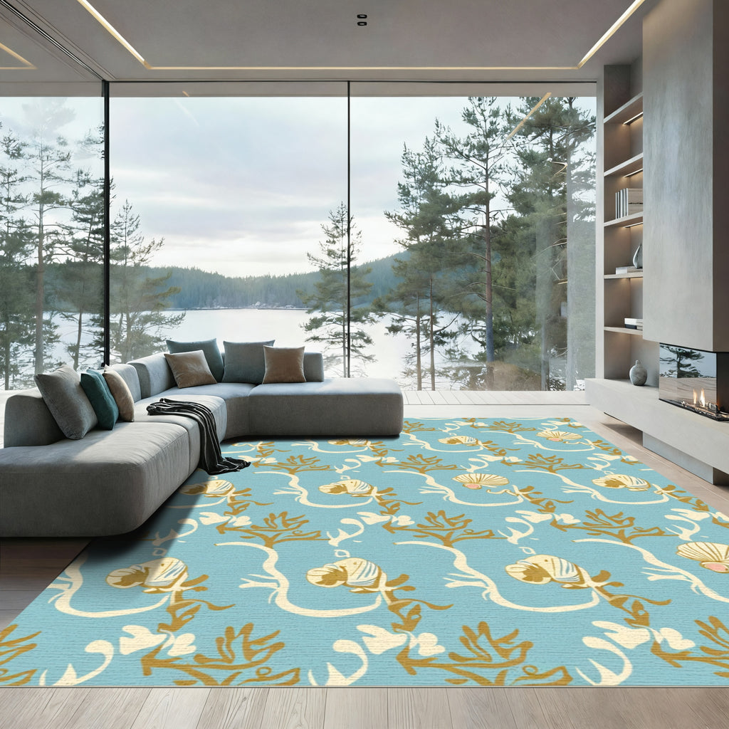 Coastal Blue Seashell Botanical Swirls Rug