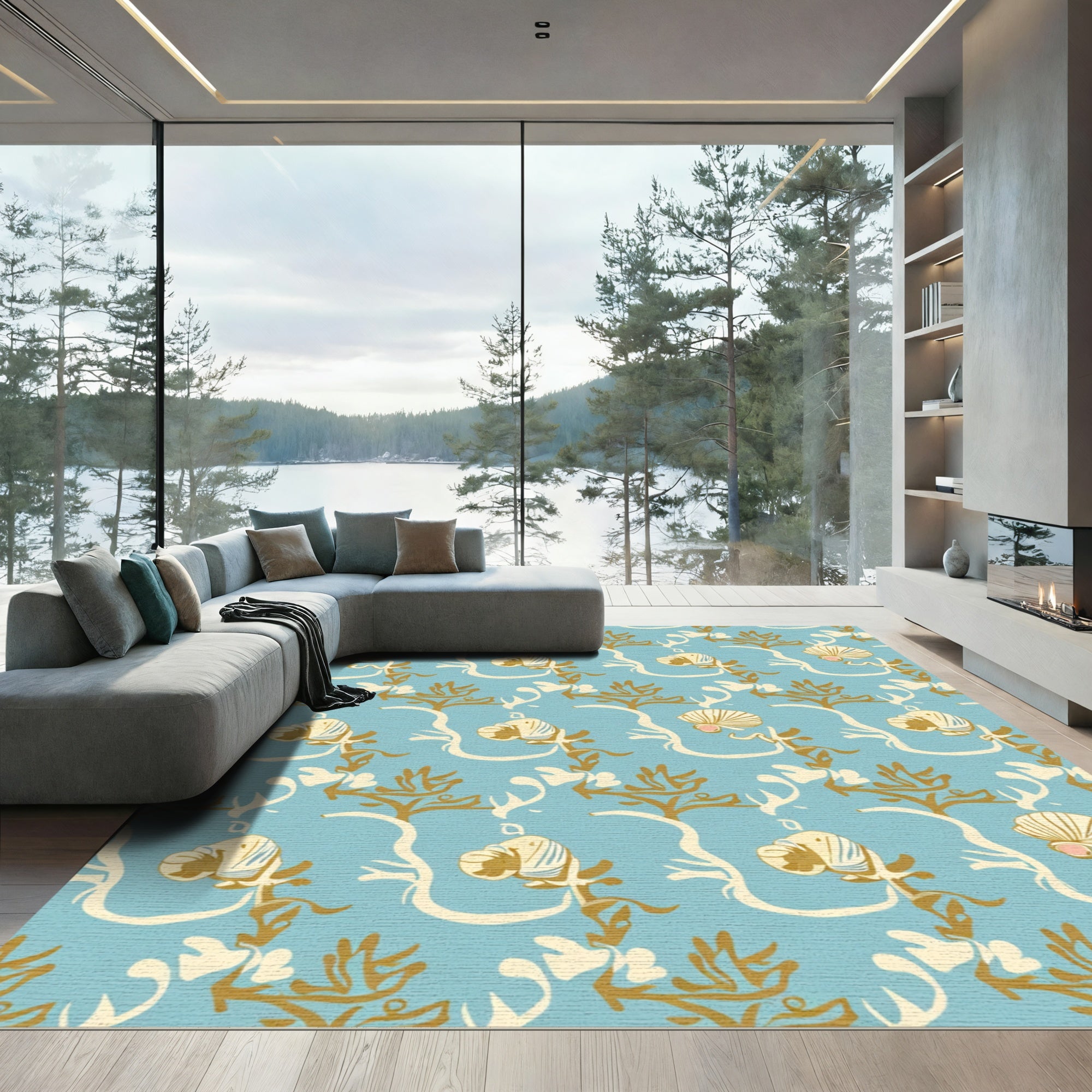 Coastal Blue Seashell Botanical Swirls Rug