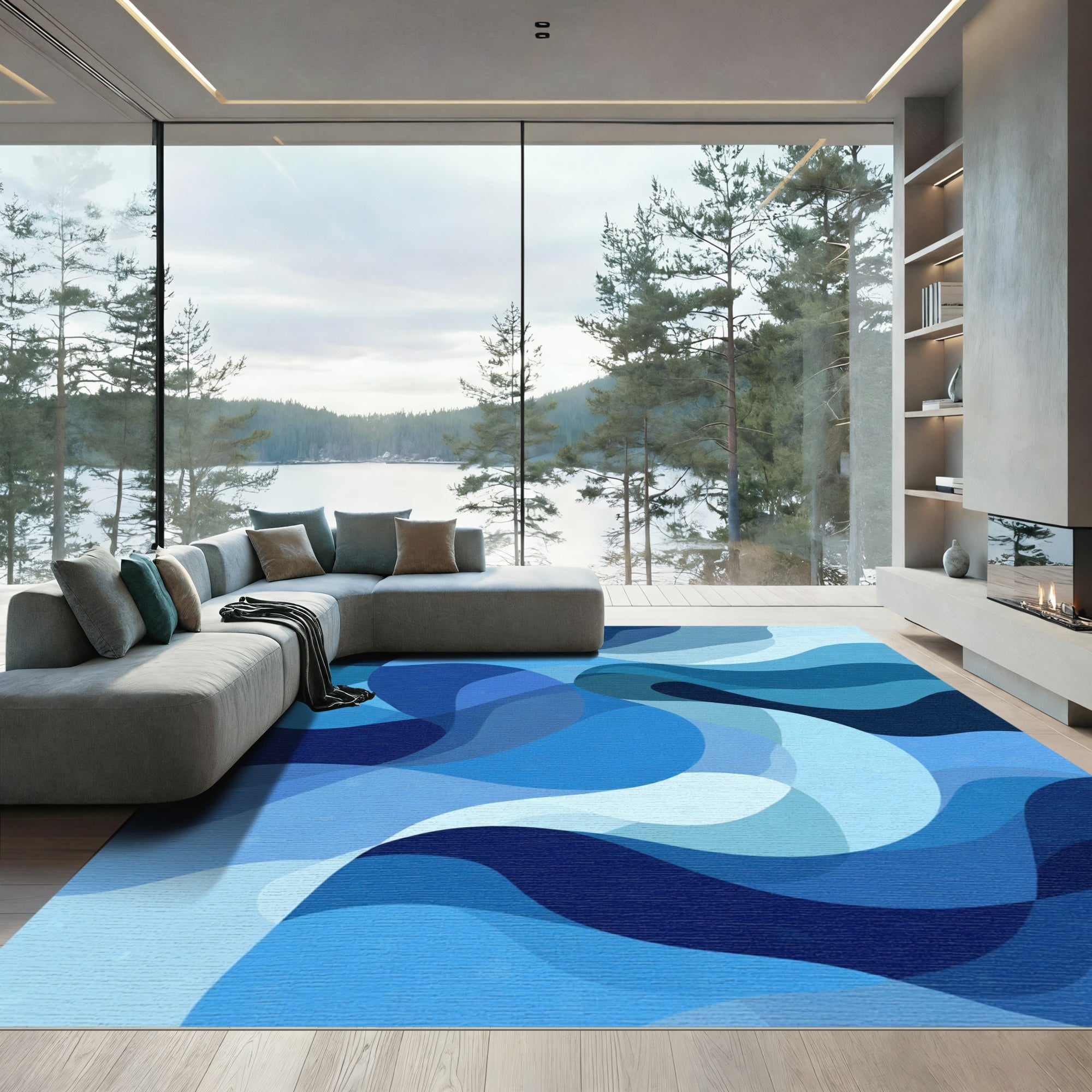 Deep Blue Abstract Flowing Waves Rug