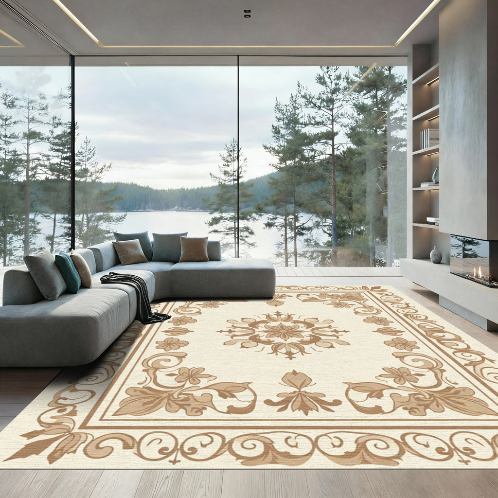 Traditional Sepia Floral Medallion Border Rug