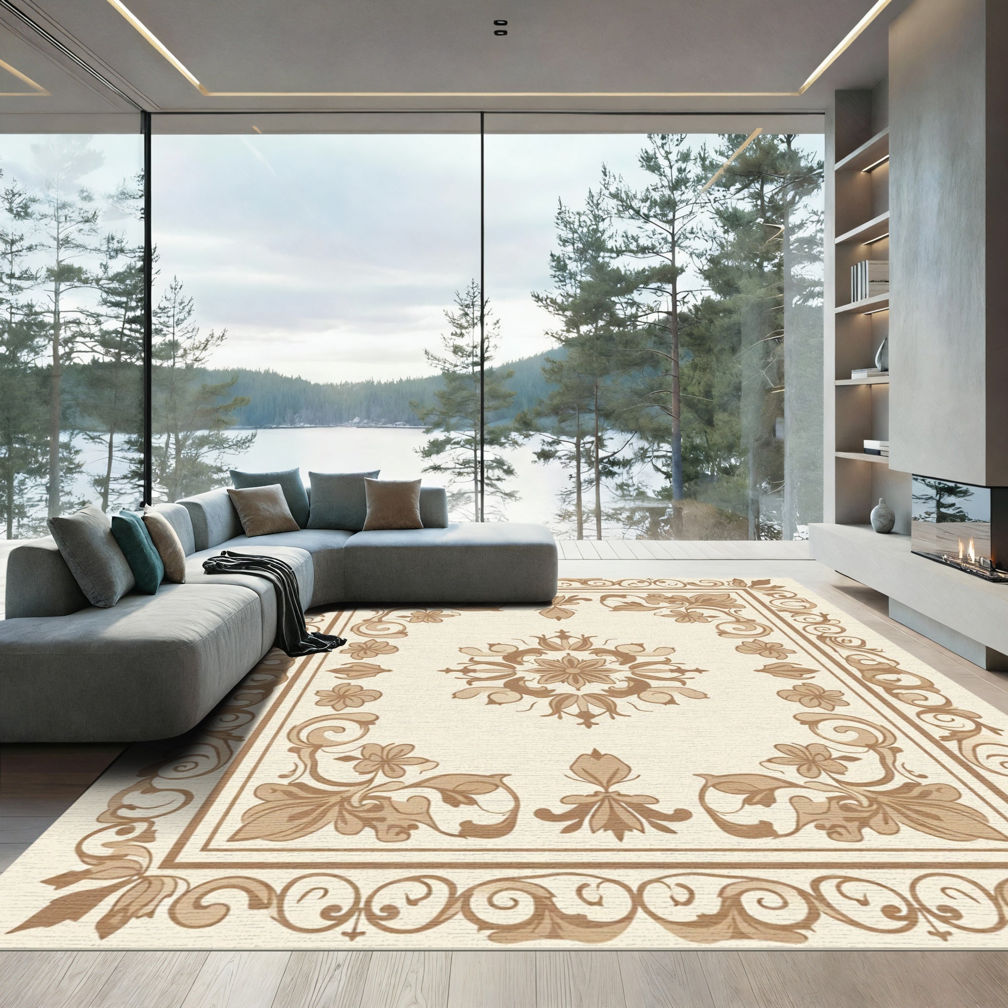 Traditional Sepia Floral Medallion Border Rug