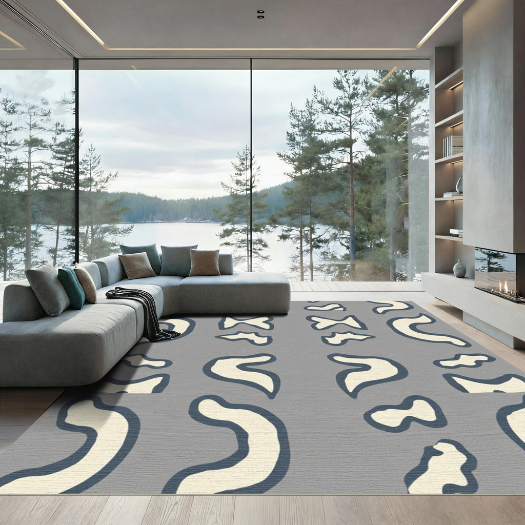 Organic Cream Blue Abstract Shapes Rug