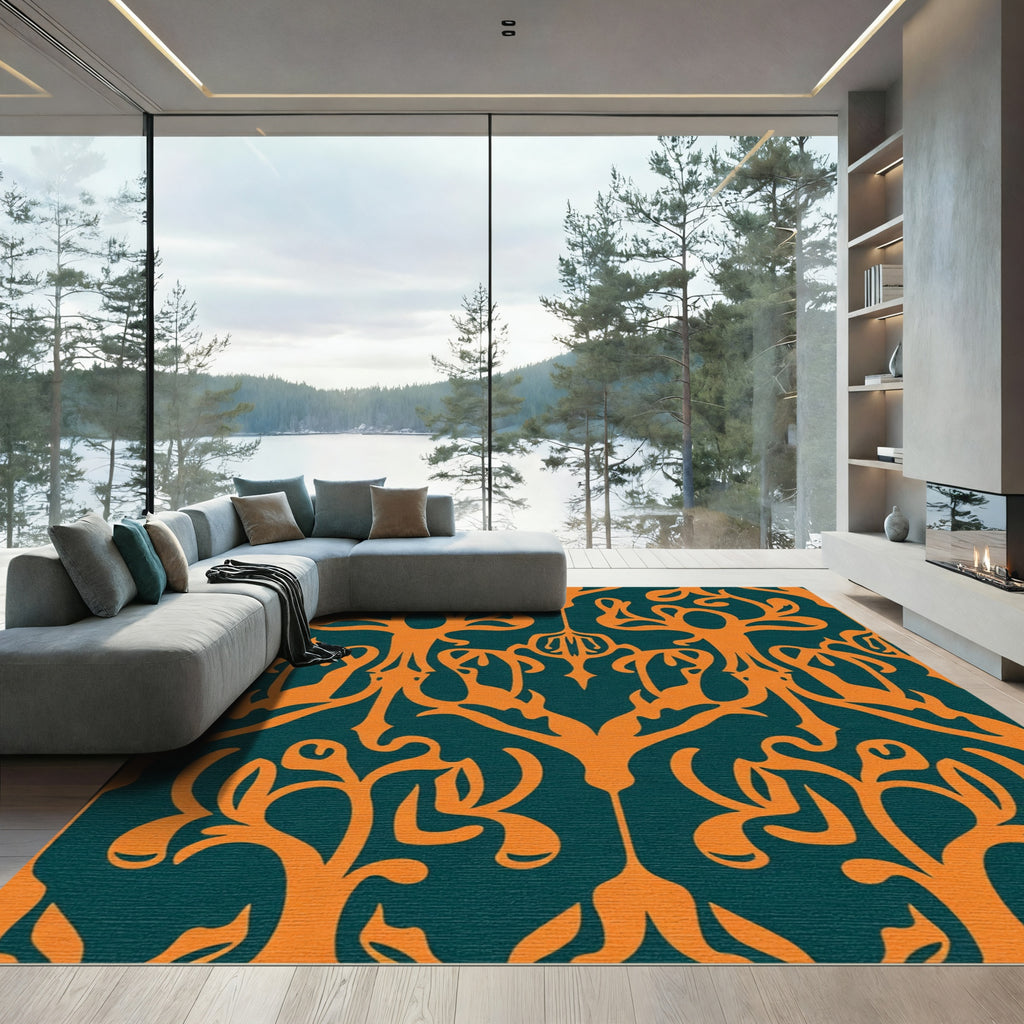 Orange Teal Organic Tree Scroll Rug