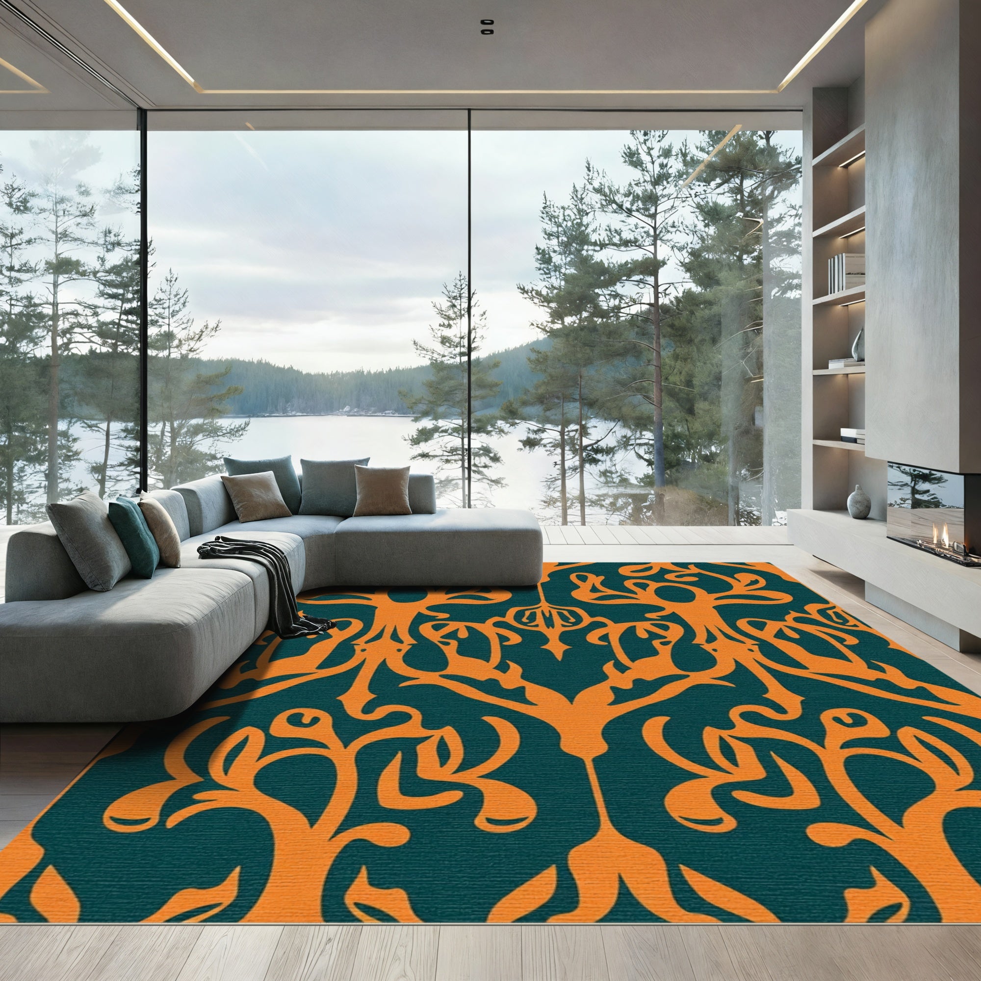 Orange Teal Organic Tree Scroll Rug
