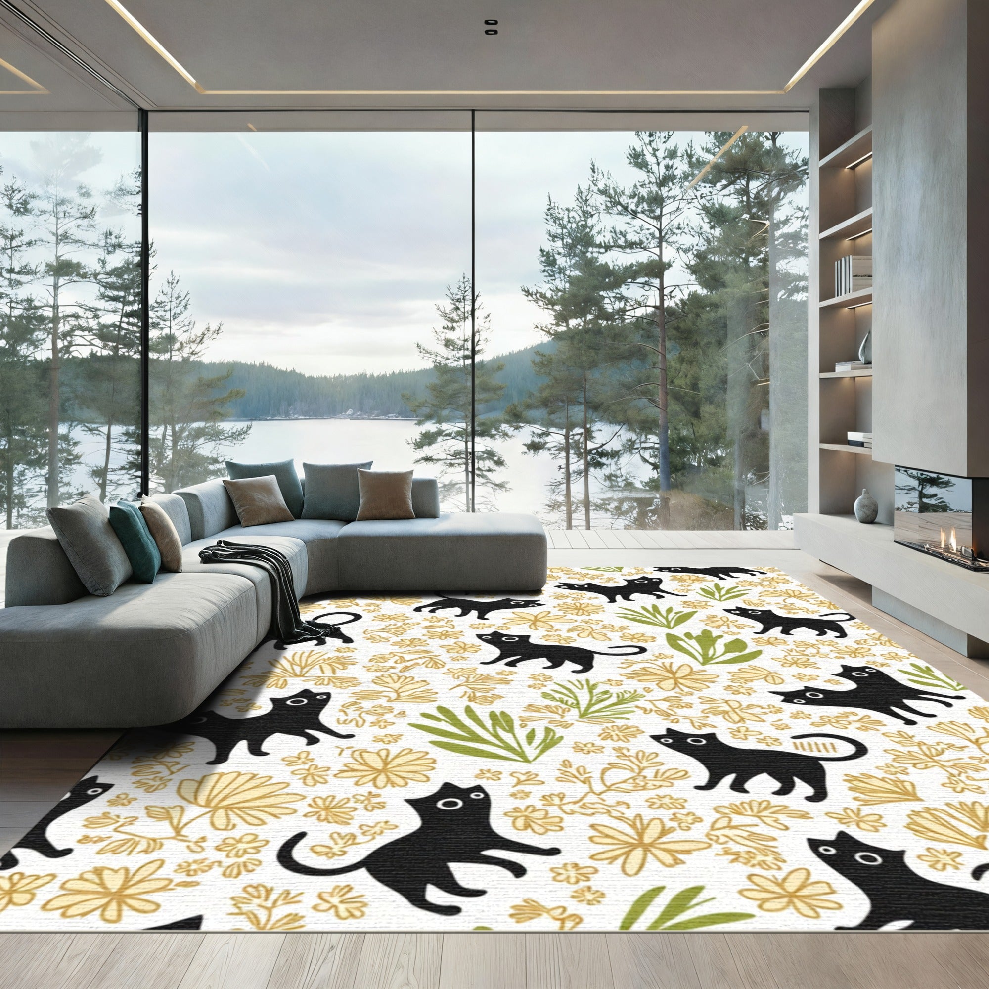 Whimsical Black Cats Golden Floral Field Rug