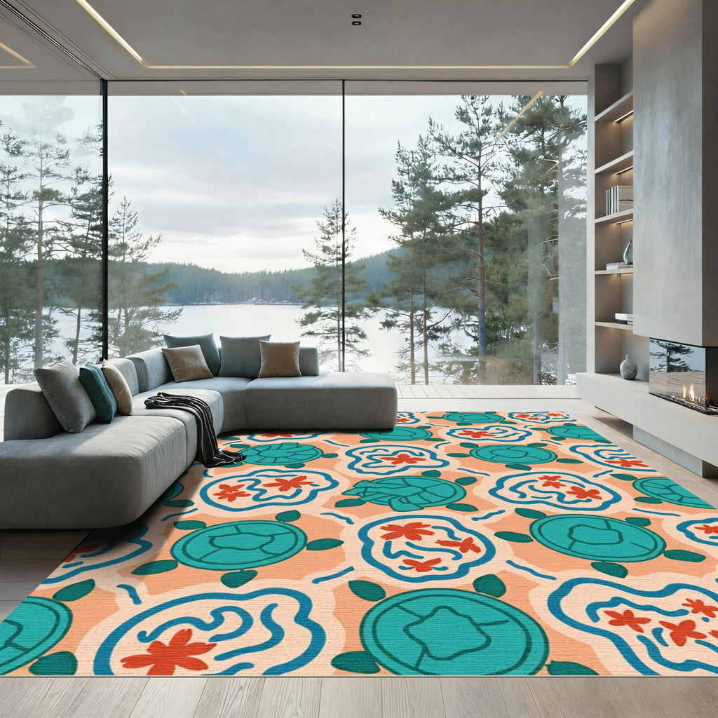 Aqua Turtle Coral Bloom Pattern Rug