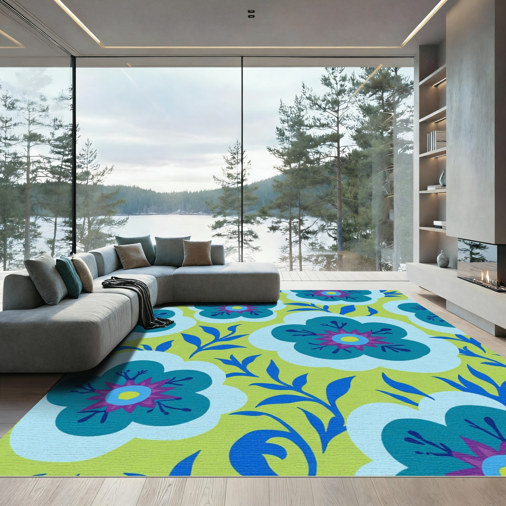 Bold Teal Floral Medallion Folk Rug