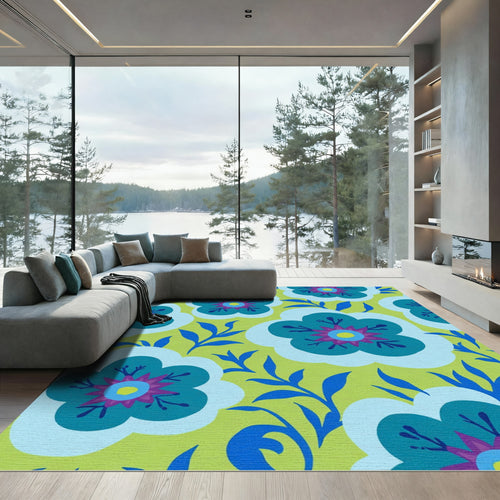 Bold Teal Floral Medallion Folk Rug