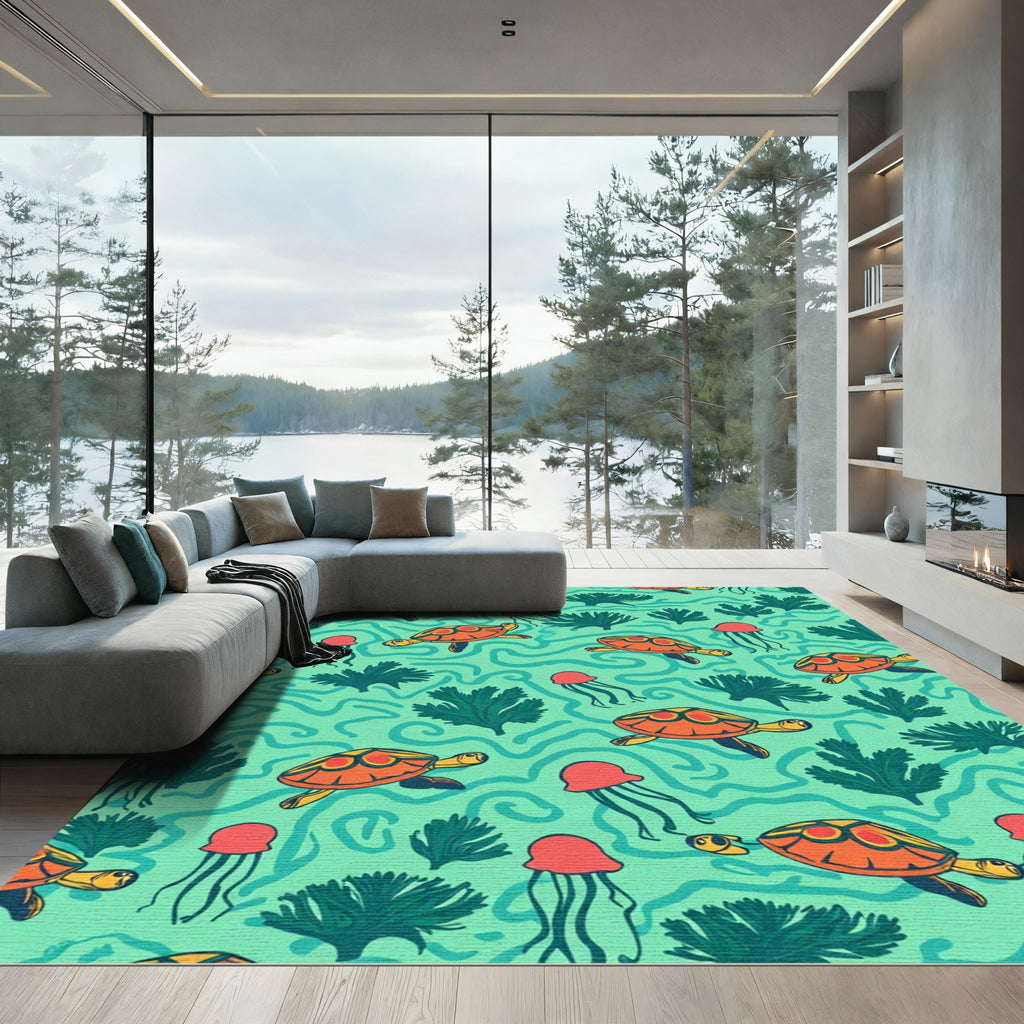 Oceanic Orange Turtle Coral Jellyfish Rug