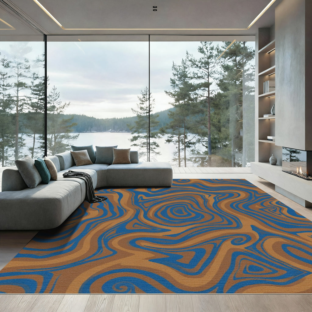 Brown Blue Swirling Liquid Marble Rug