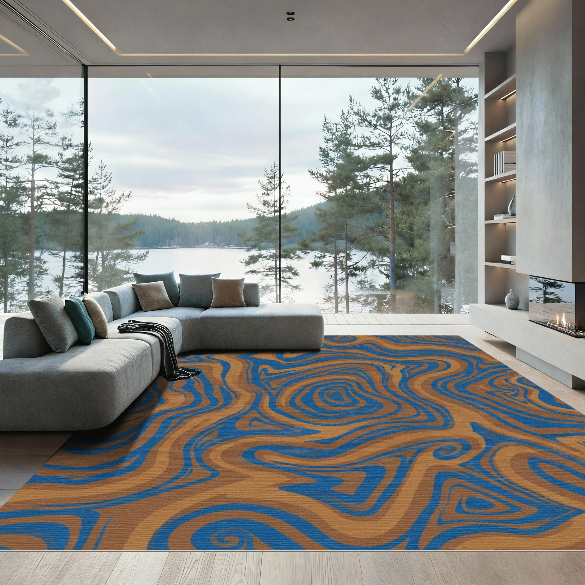 Brown Blue Swirling Liquid Marble Rug