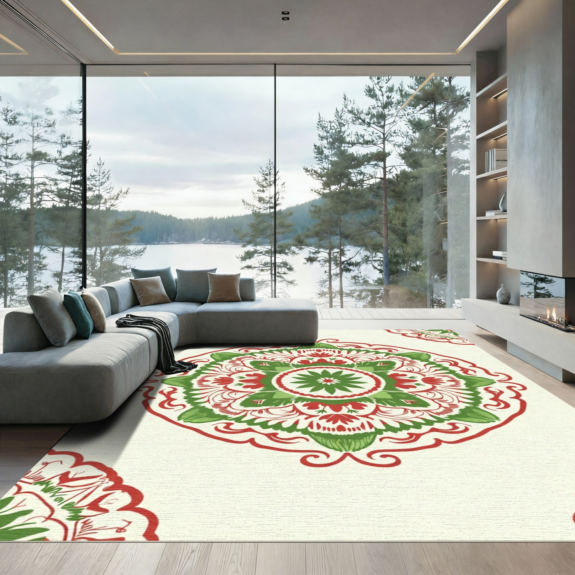 Lush Green Red Floral Medallion Rug