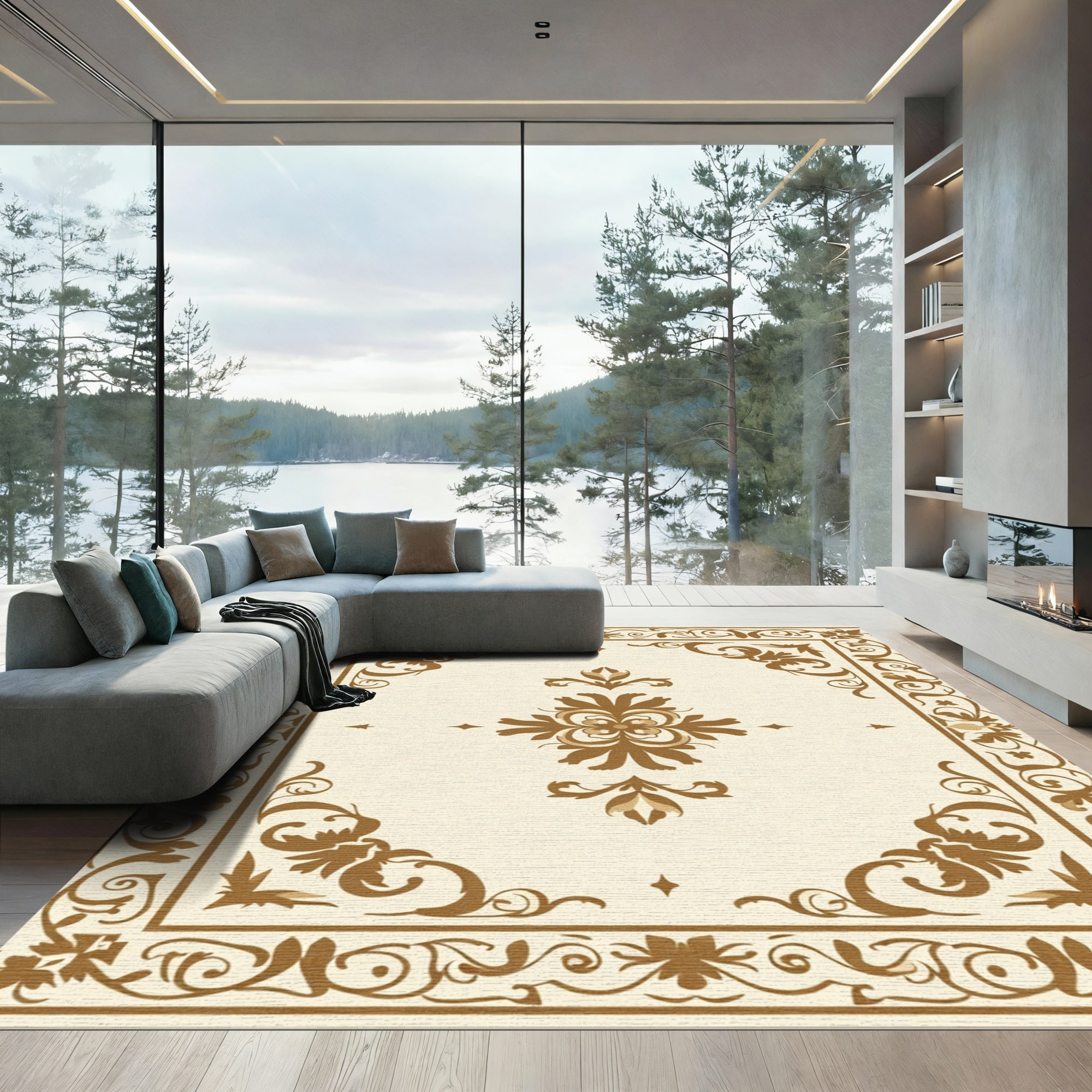 Traditional Beige Floral Scroll Rug