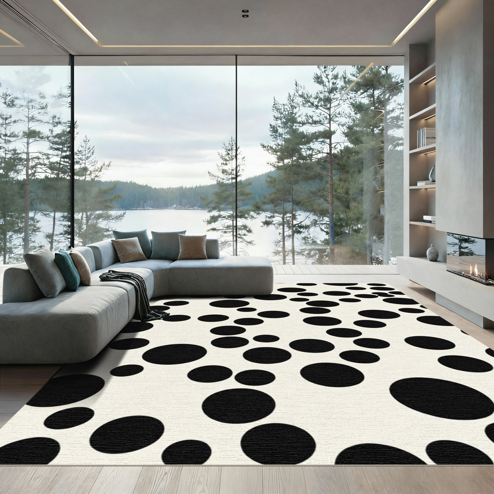 Cream Black Scattered Circles Rug
