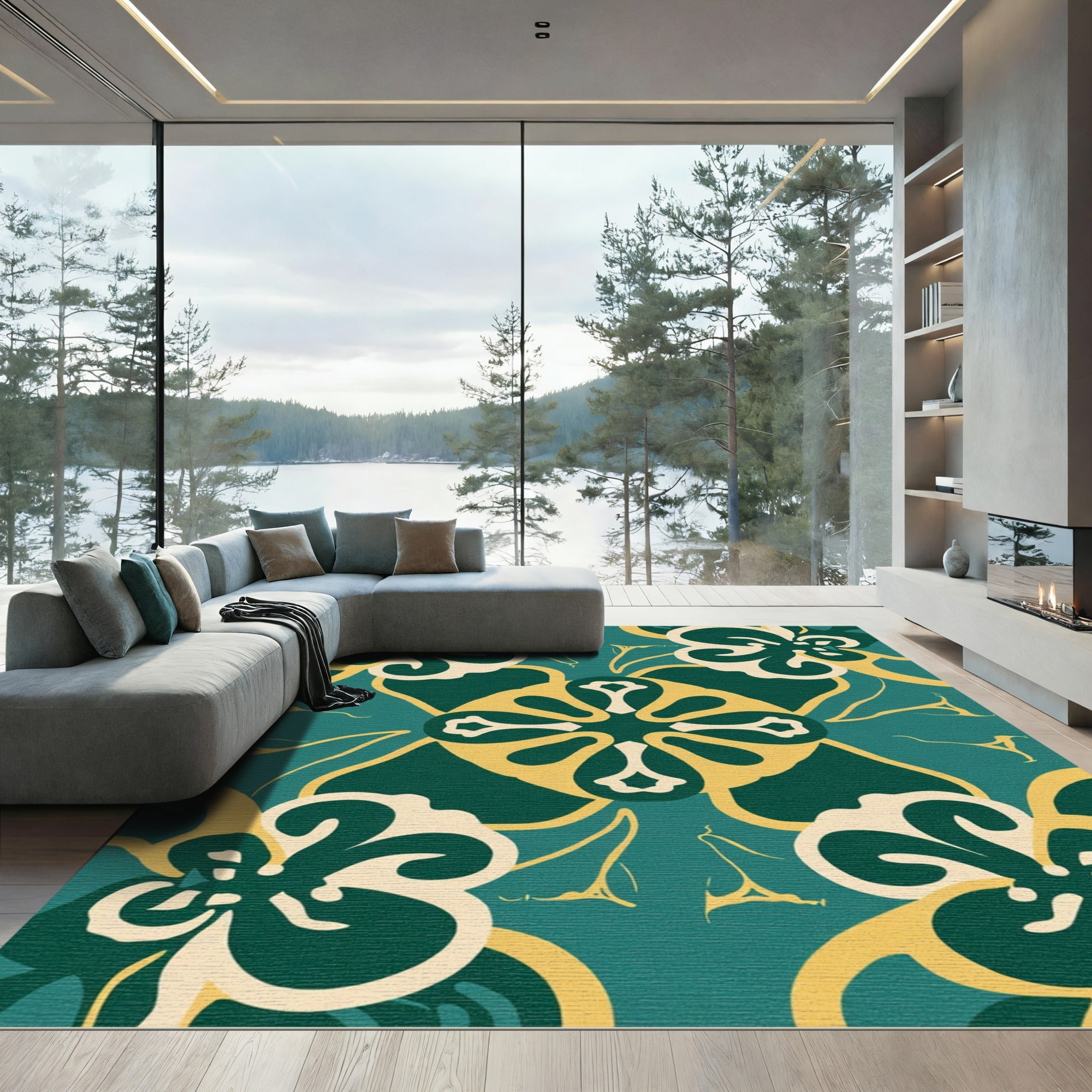 Teal Cream Yellow Floral Medallion Rug