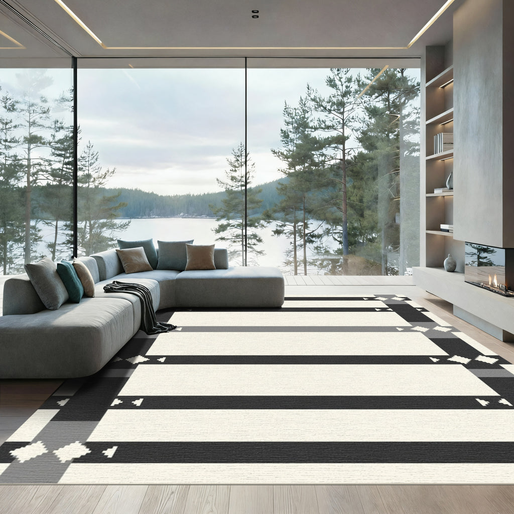 Black Gray Cream Geometric Stripe Rug