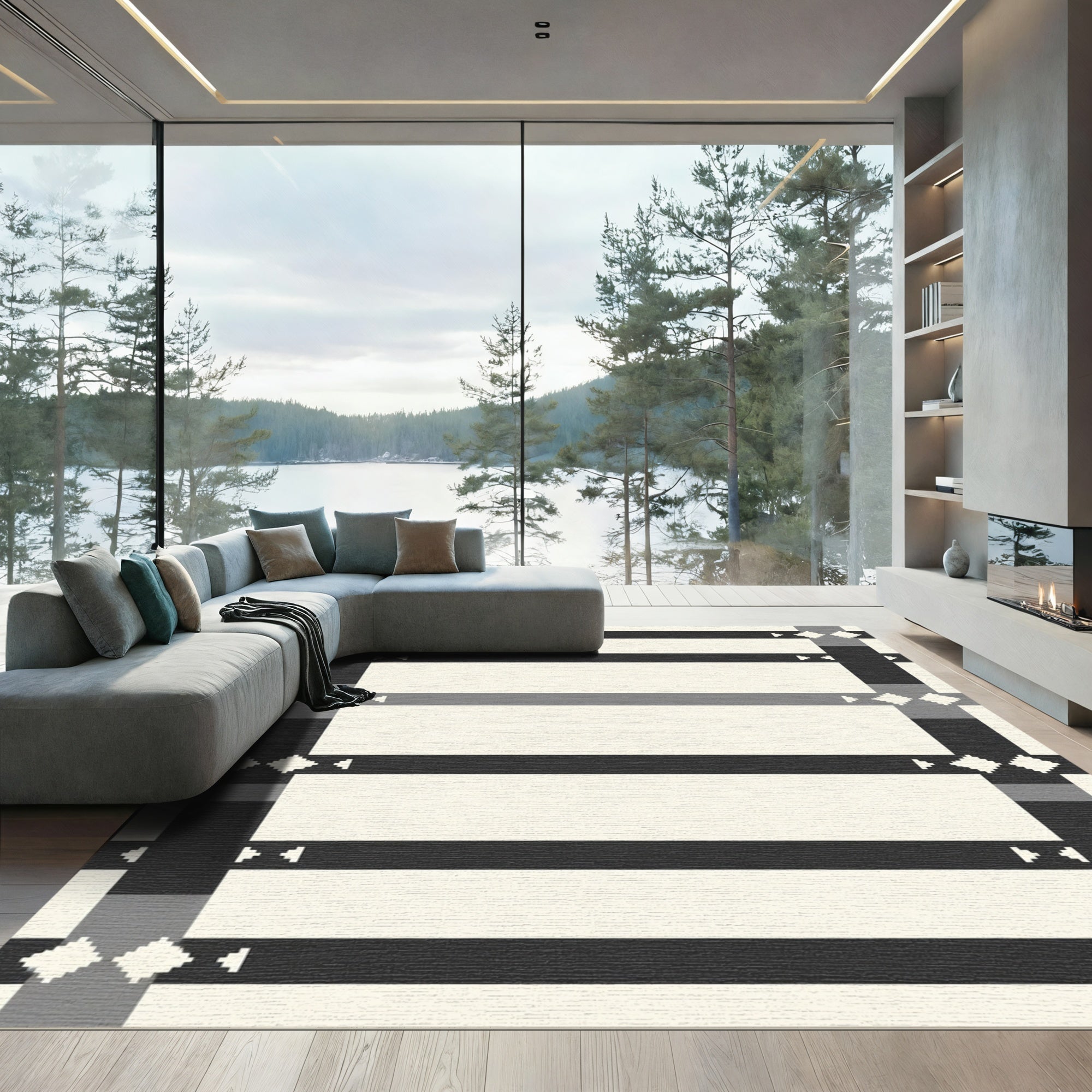 Black Gray Cream Geometric Stripe Rug