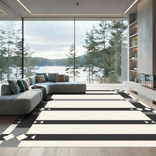 Black Gray Cream Geometric Stripe Rug