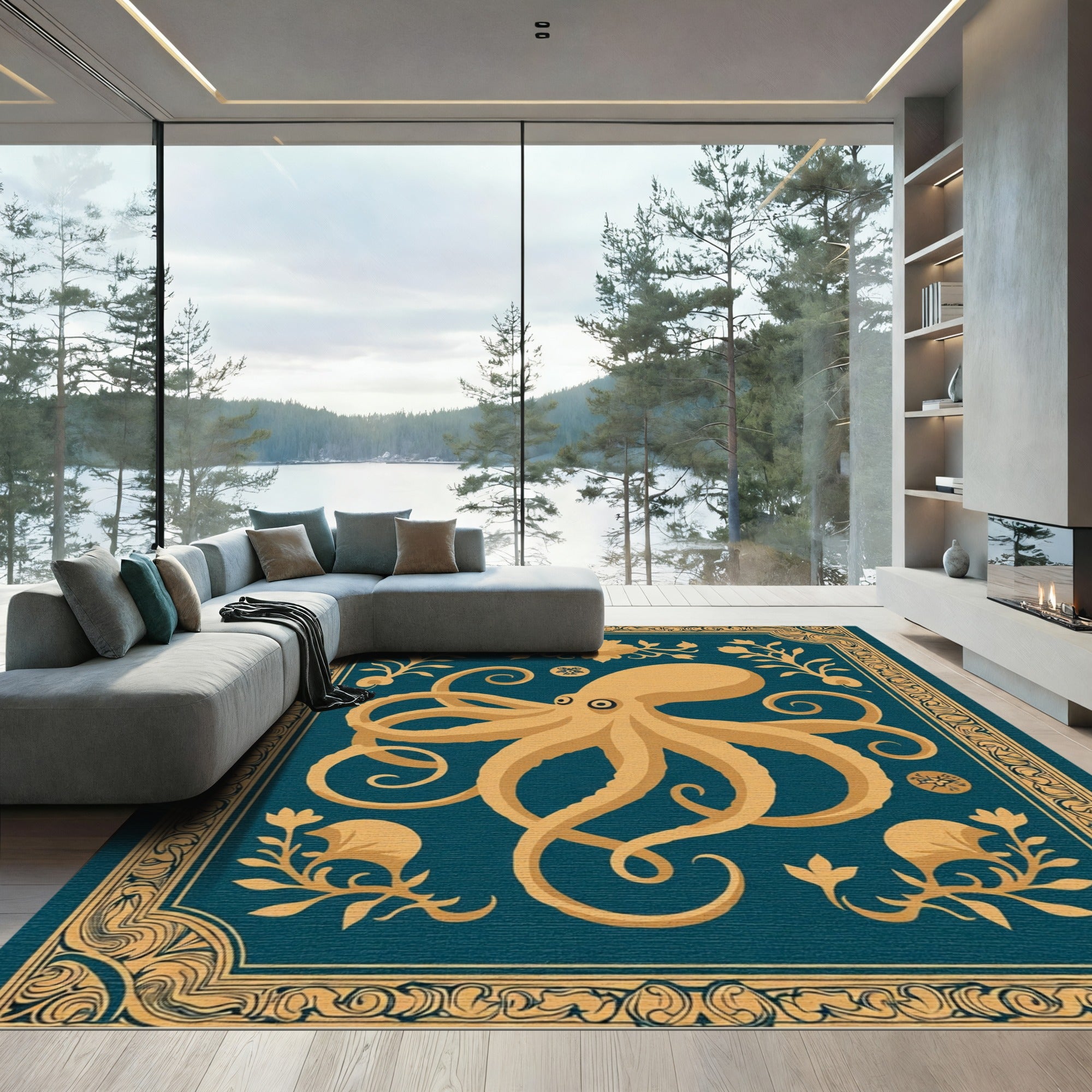 Golden Octopus Teal Floral Border Rug