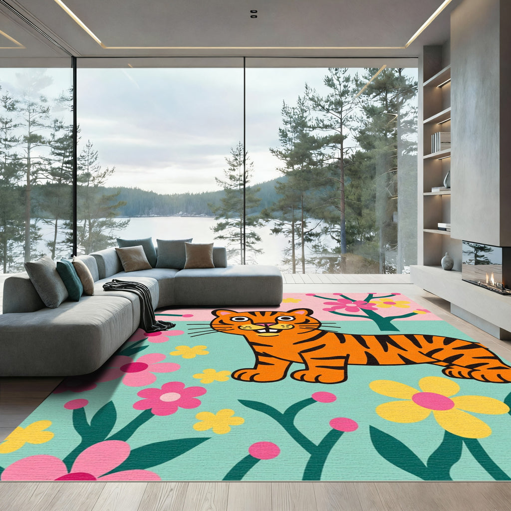 Playful Orange Tiger Floral Garden Rug